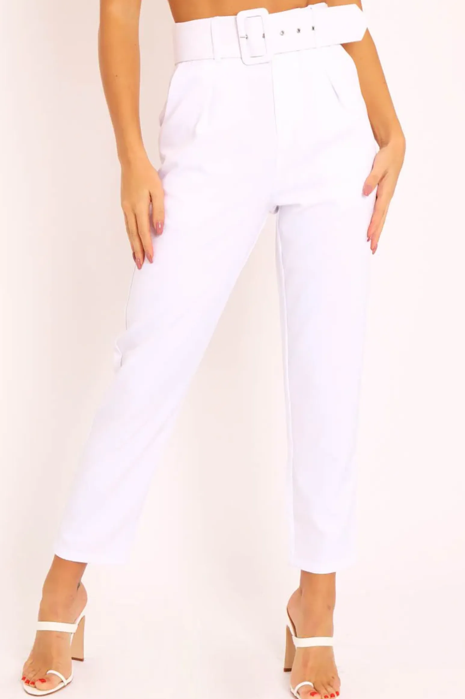 Rebellious Fashion White Belted Tapered Peg Trousers - Jessika