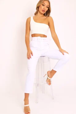Rebellious Fashion White Belted Tapered Peg Trousers - Jessika