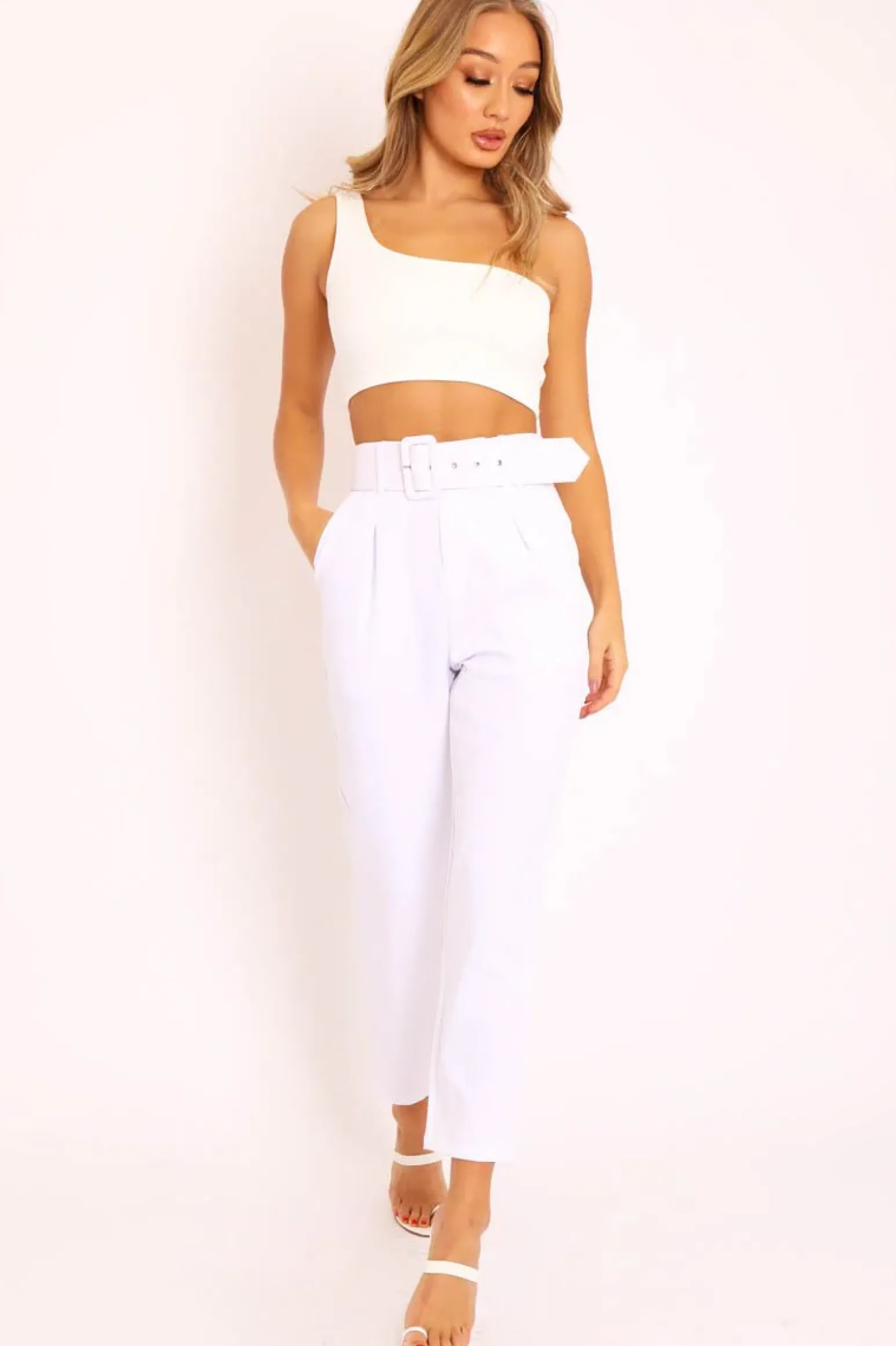 Rebellious Fashion White Belted Tapered Peg Trousers - Jessika