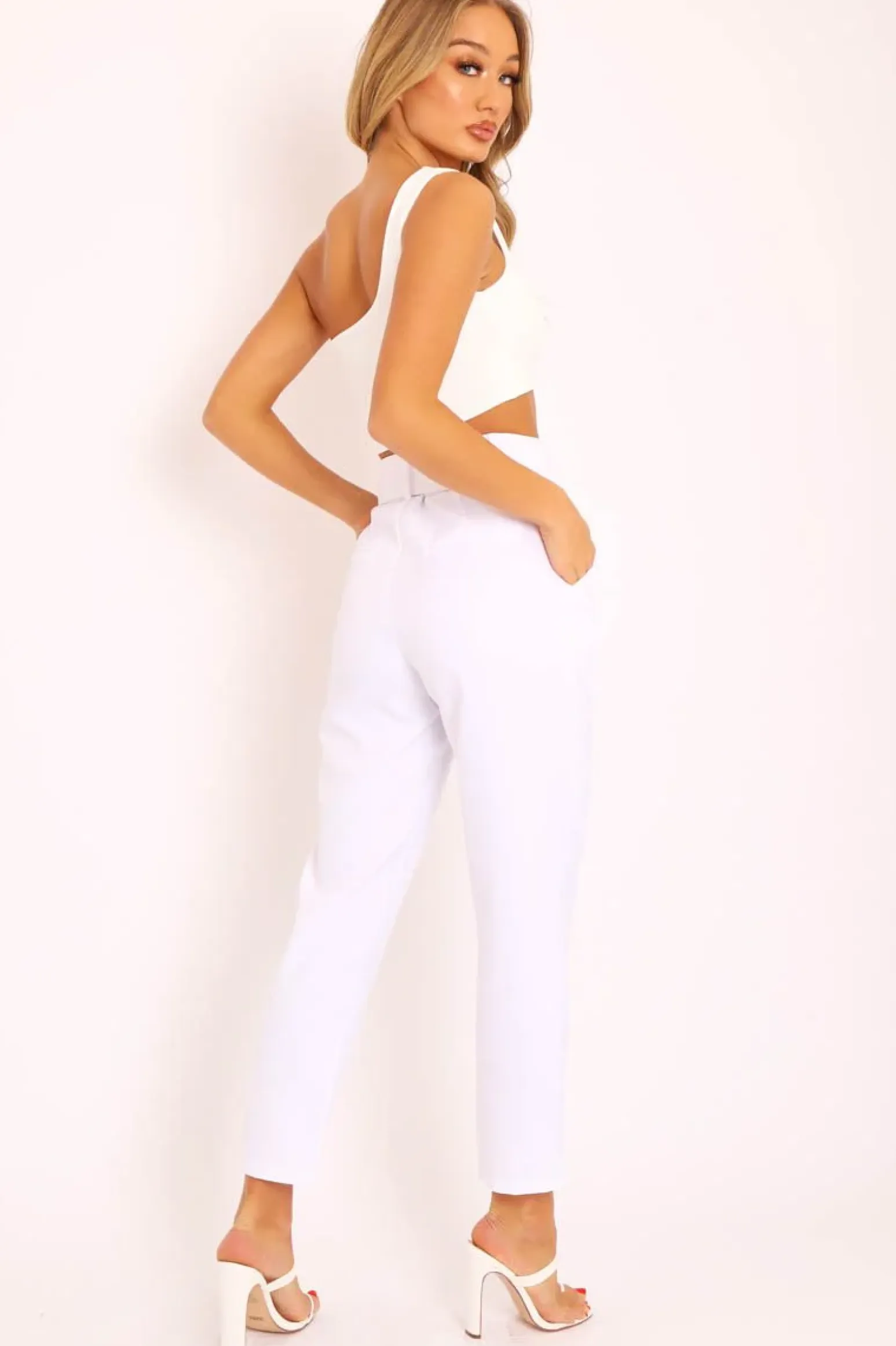 Rebellious Fashion White Belted Tapered Peg Trousers - Jessika