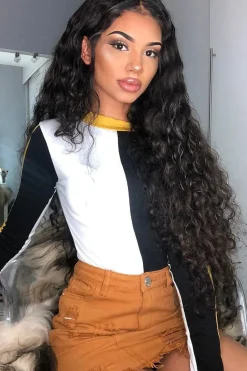 Rebellious Fashion White Black and Mustard Contrast Long Sleeved Bodysuit - Lareen