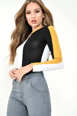 Rebellious Fashion White Black and Mustard Contrast Long Sleeved Bodysuit - Lareen