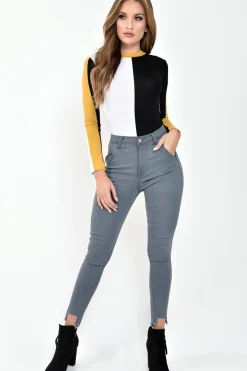 Rebellious Fashion White Black and Mustard Contrast Long Sleeved Bodysuit - Lareen