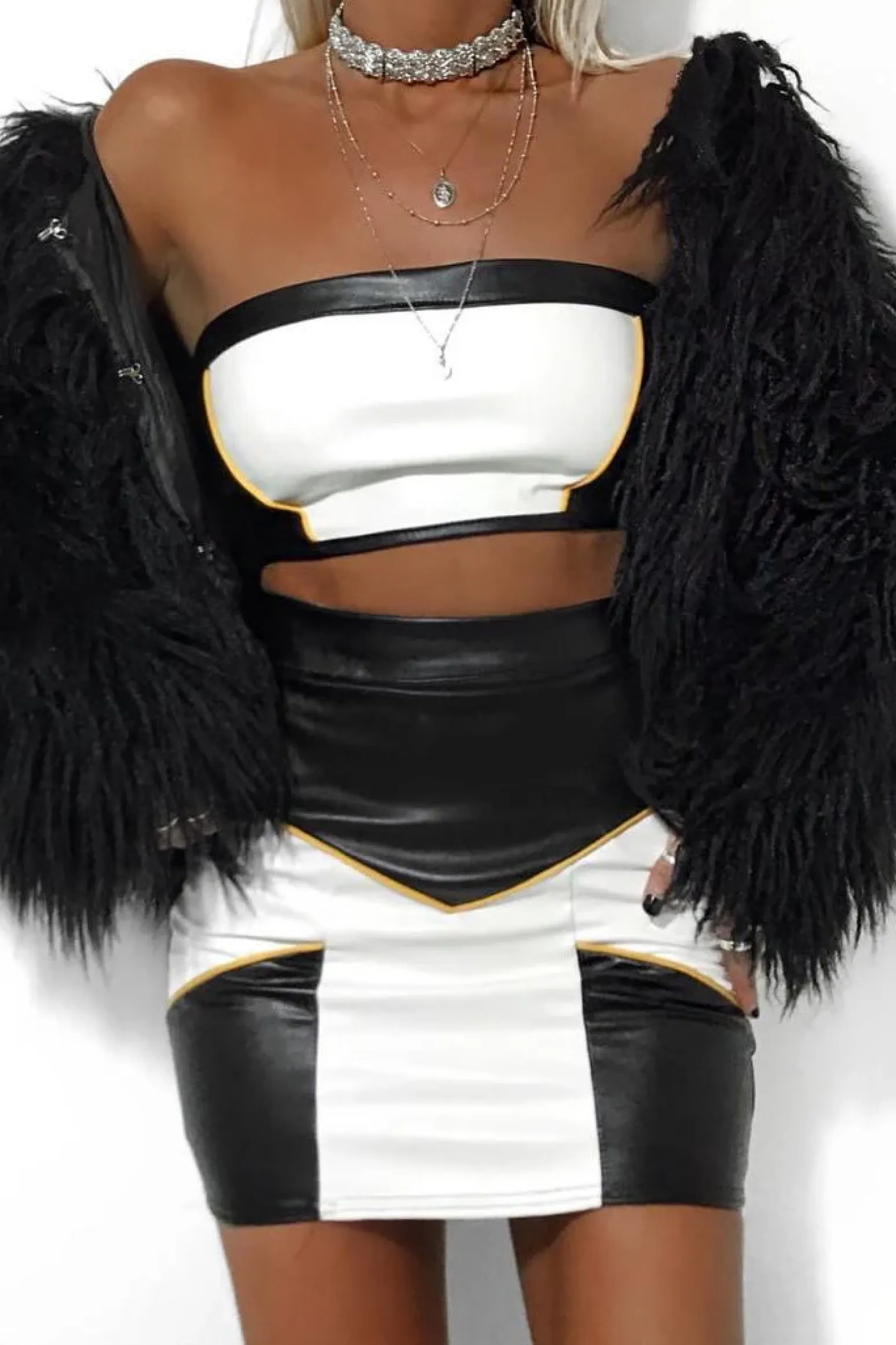 Rebellious Fashion White Black and Mustard PU Co-ord Set - Skye