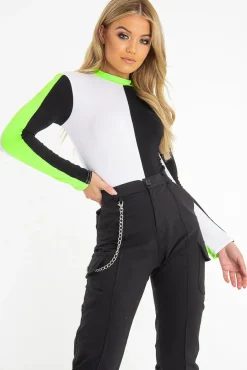 Rebellious Fashion White Black and Neon Green Contrast Long Sleeved Bodysuit - Lareen