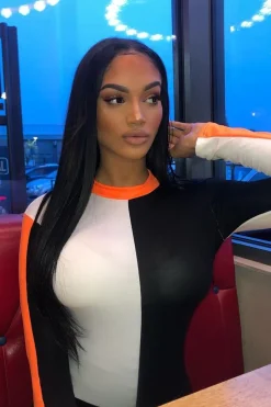 Rebellious Fashion White Black and Neon Orange Contrast Long Sleeved Bodysuit - Lareen