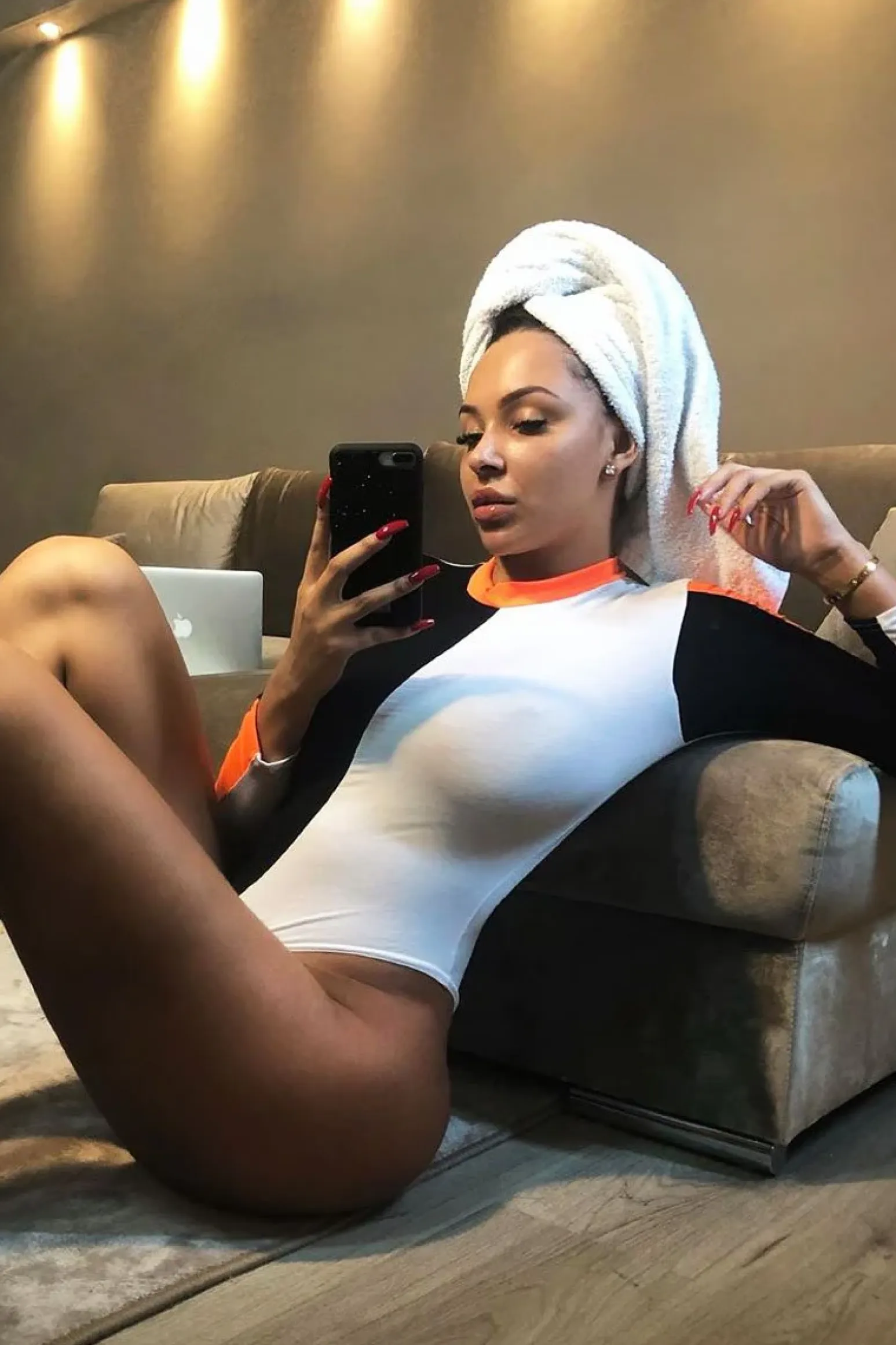 Rebellious Fashion White Black and Neon Orange Contrast Long Sleeved Bodysuit - Lareen