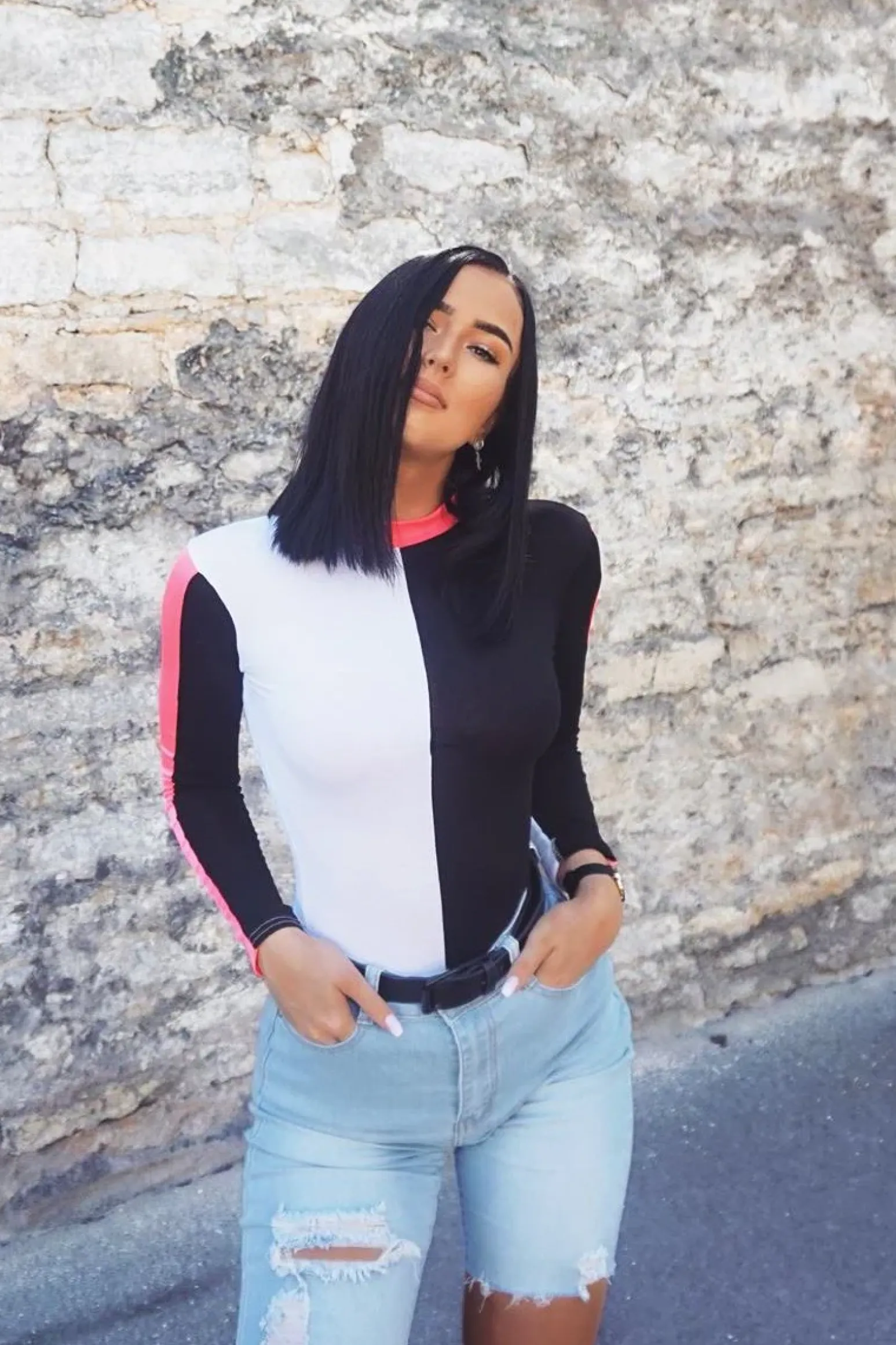 Rebellious Fashion White Black and Neon Pink Contrast Long Sleeved Bodysuit - Lareen