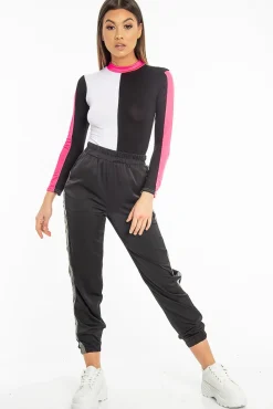 Rebellious Fashion White Black and Neon Pink Contrast Long Sleeved Bodysuit - Lareen