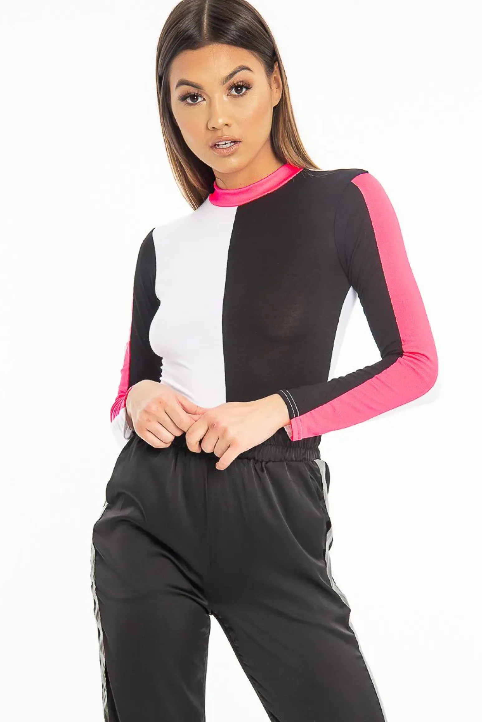 Rebellious Fashion White Black and Neon Pink Contrast Long Sleeved Bodysuit - Lareen