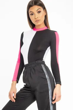 Rebellious Fashion White Black and Neon Pink Contrast Long Sleeved Bodysuit - Lareen