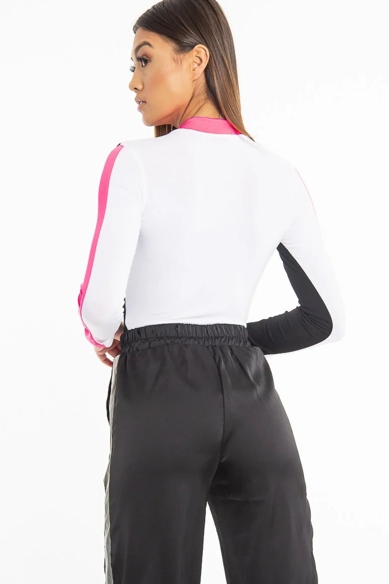 Rebellious Fashion White Black and Neon Pink Contrast Long Sleeved Bodysuit - Lareen
