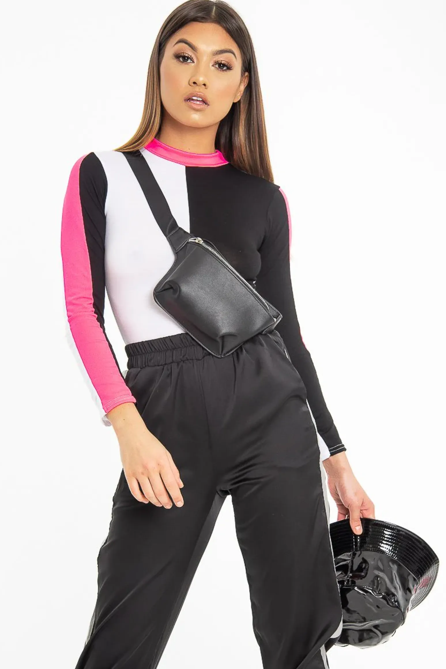 Rebellious Fashion White Black and Neon Pink Contrast Long Sleeved Bodysuit - Lareen