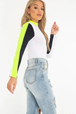 Rebellious Fashion White Black and Neon Yellow Contrast Long Sleeved Bodysuit - Lareen