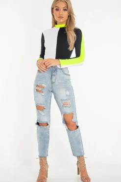 Rebellious Fashion White Black and Neon Yellow Contrast Long Sleeved Bodysuit - Lareen