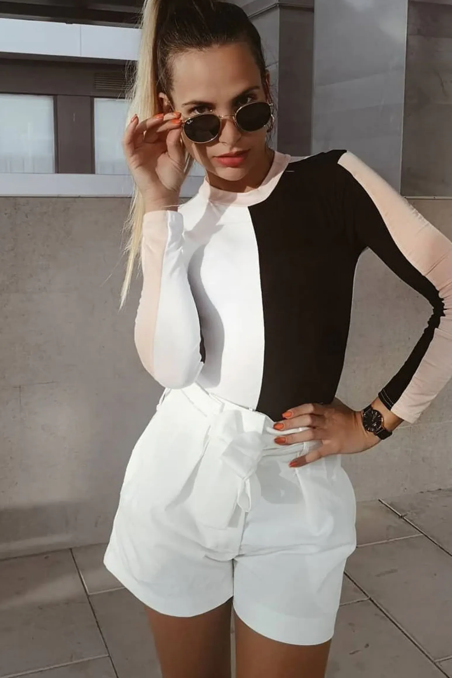 Rebellious Fashion White Black and Nude Contrast Long Sleeved Bodysuit - Lareen