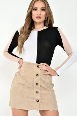 Rebellious Fashion White Black and Nude Contrast Long Sleeved Bodysuit - Lareen