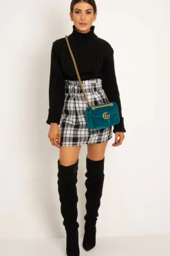Rebellious Fashion White Black Check Belted Pleated Mini Skirt - Danyka