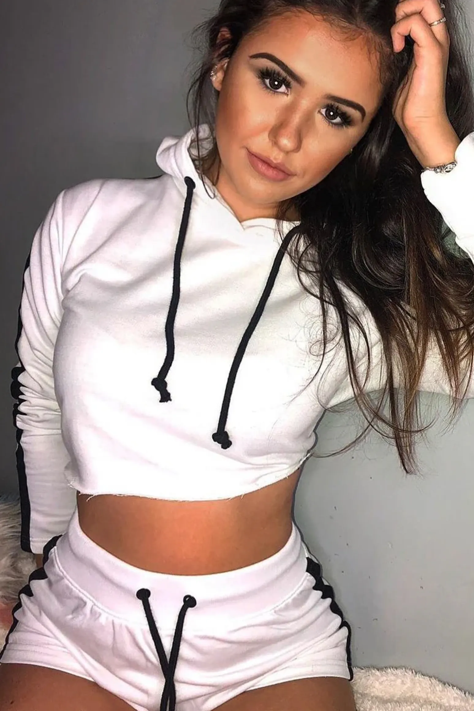 Rebellious Fashion White Black Cropped Hoodie and Shorts Co-ord - Kya