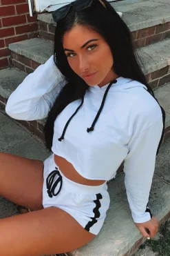 Rebellious Fashion White Black Cropped Hoodie and Shorts Co-ord - Kya