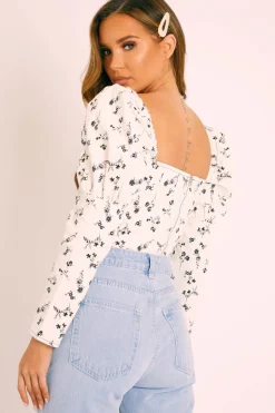 Rebellious Fashion White Black Floral Puff Sleeve Zip Back Crop Top - Carie