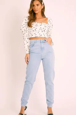 Rebellious Fashion White Black Floral Puff Sleeve Zip Back Crop Top - Carie
