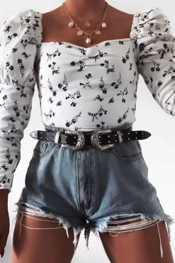 Rebellious Fashion White Black Floral Puff Sleeve Zip Back Crop Top - Carie