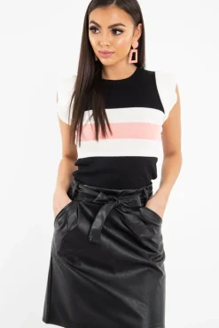 Rebellious Fashion White Black Pink Stripe Ruffle Rib Knit Top - Elyne