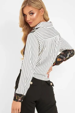 Rebellious Fashion White Black Pinstripe Chain Print Insert Shirt - Georgena