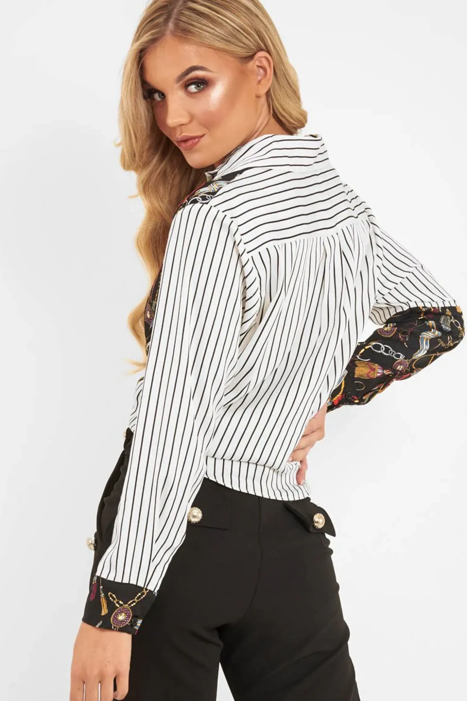 Rebellious Fashion White Black Pinstripe Chain Print Insert Shirt - Georgena