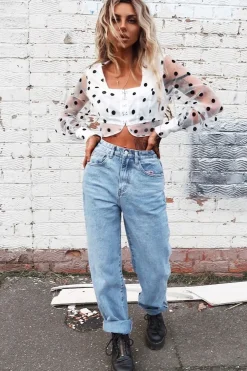 Rebellious Fashion White Black Polka Dot Mesh Front Fastening Crop Top - Kacy