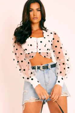 Rebellious Fashion White Black Polka Dot Mesh Front Fastening Crop Top - Kacy