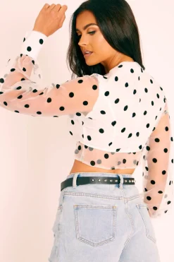 Rebellious Fashion White Black Polka Dot Mesh Front Fastening Crop Top - Kacy