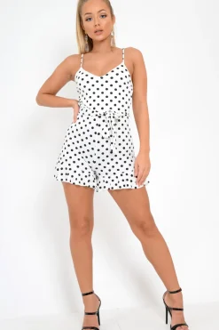 Rebellious Fashion White Black Polka Dot Plunge Frill Playsuit - Ranessa