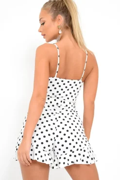 Rebellious Fashion White Black Polka Dot Plunge Frill Playsuit - Ranessa