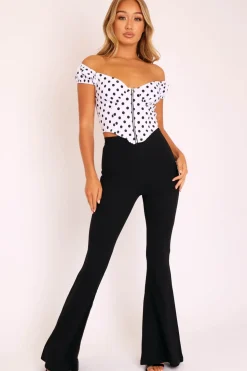 Rebellious Fashion White Black Polka Dot Zip Front Milkmaid Crop Top - Rubie