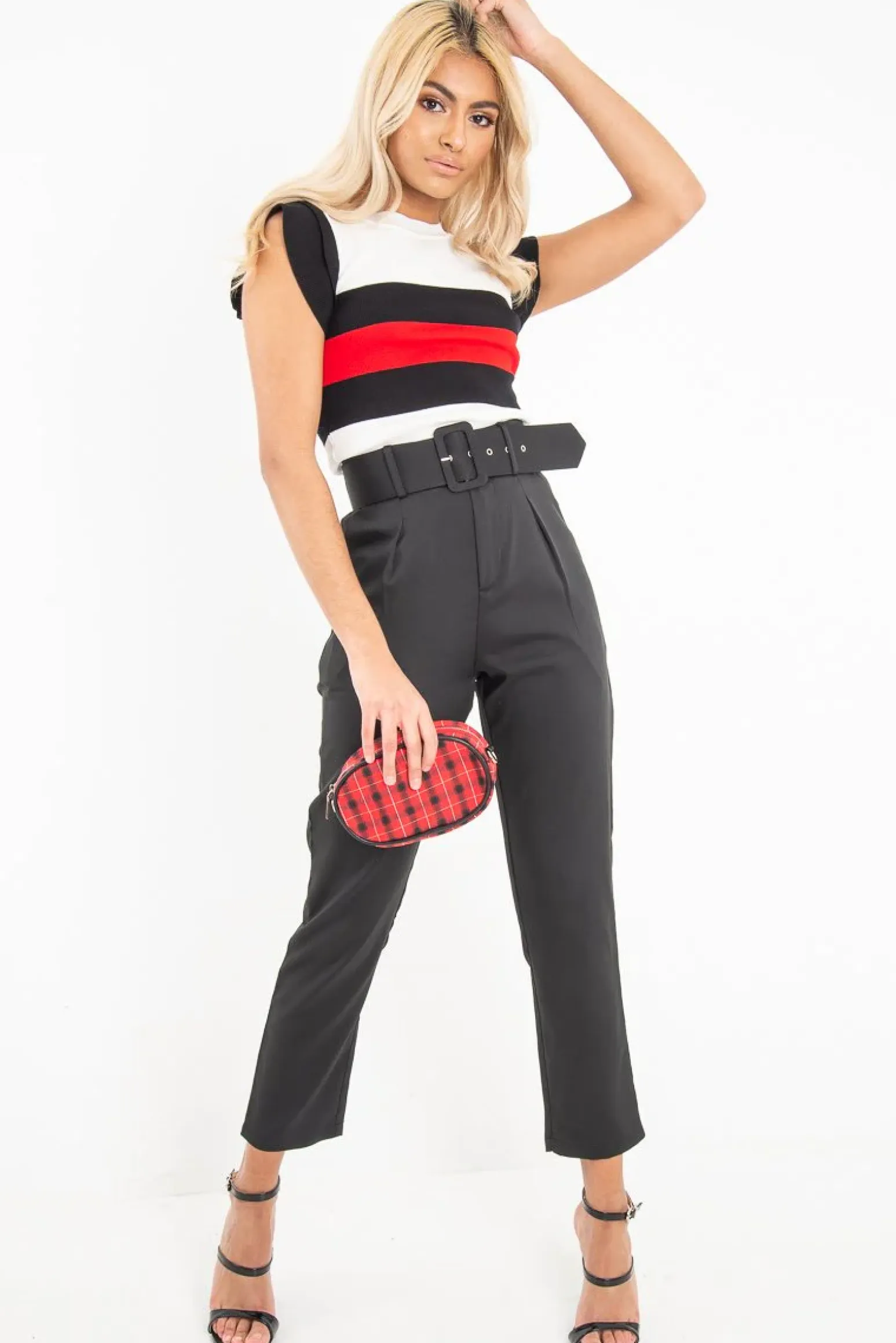 Rebellious Fashion White Black Red Stripe Ruffle Rib Knit Top - Elyne