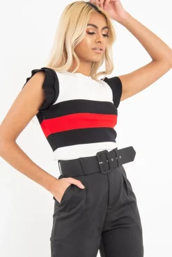 Rebellious Fashion White Black Red Stripe Ruffle Rib Knit Top - Elyne