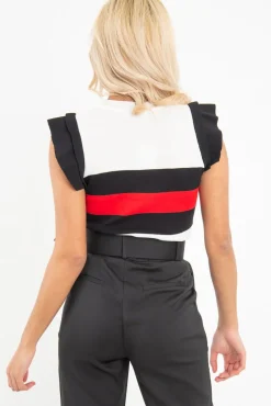 Rebellious Fashion White Black Red Stripe Ruffle Rib Knit Top - Elyne