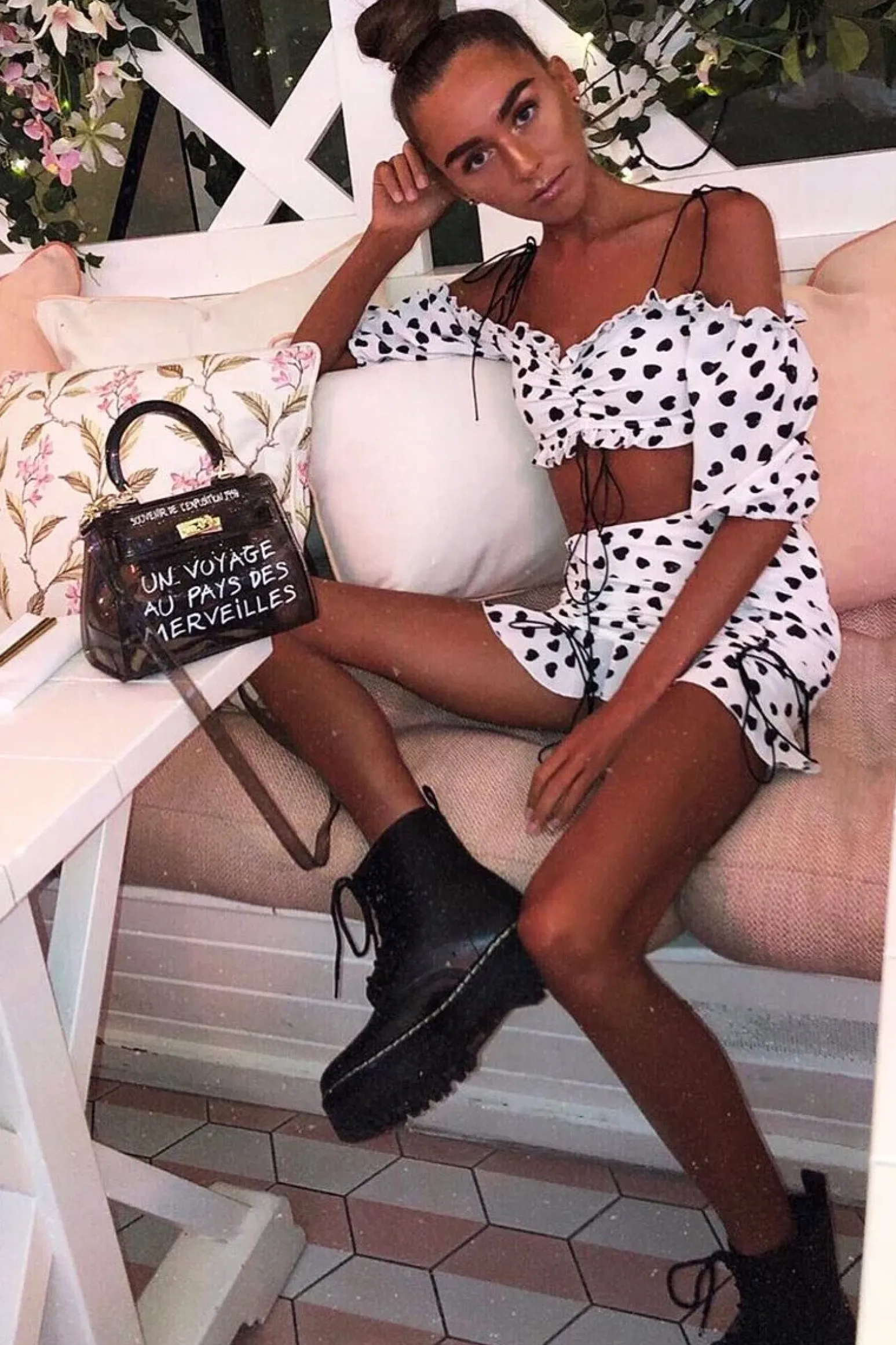 Rebellious Fashion White Black Ruched Frill Heart Print Crop Top and Skirt Co-ord - Skyelar