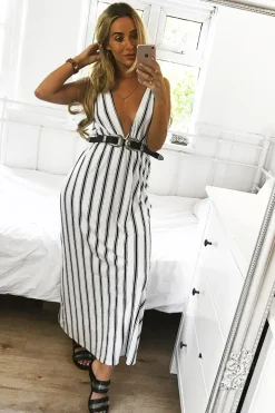 Rebellious Fashion White Black Stripe Plunge Wrap Maxi - Skyelin