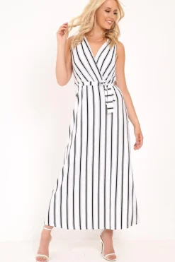 Rebellious Fashion White Black Stripe Plunge Wrap Maxi - Skyelin