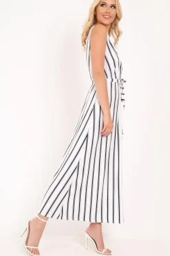 Rebellious Fashion White Black Stripe Plunge Wrap Maxi - Skyelin
