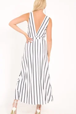 Rebellious Fashion White Black Stripe Plunge Wrap Maxi - Skyelin