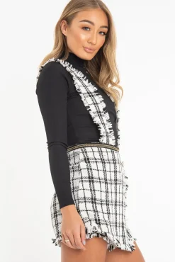 Rebellious Fashion White Black Tweed Pearl Button Playsuit - Jolette