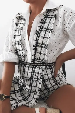 Rebellious Fashion White Black Tweed Pearl Button Playsuit - Jolette