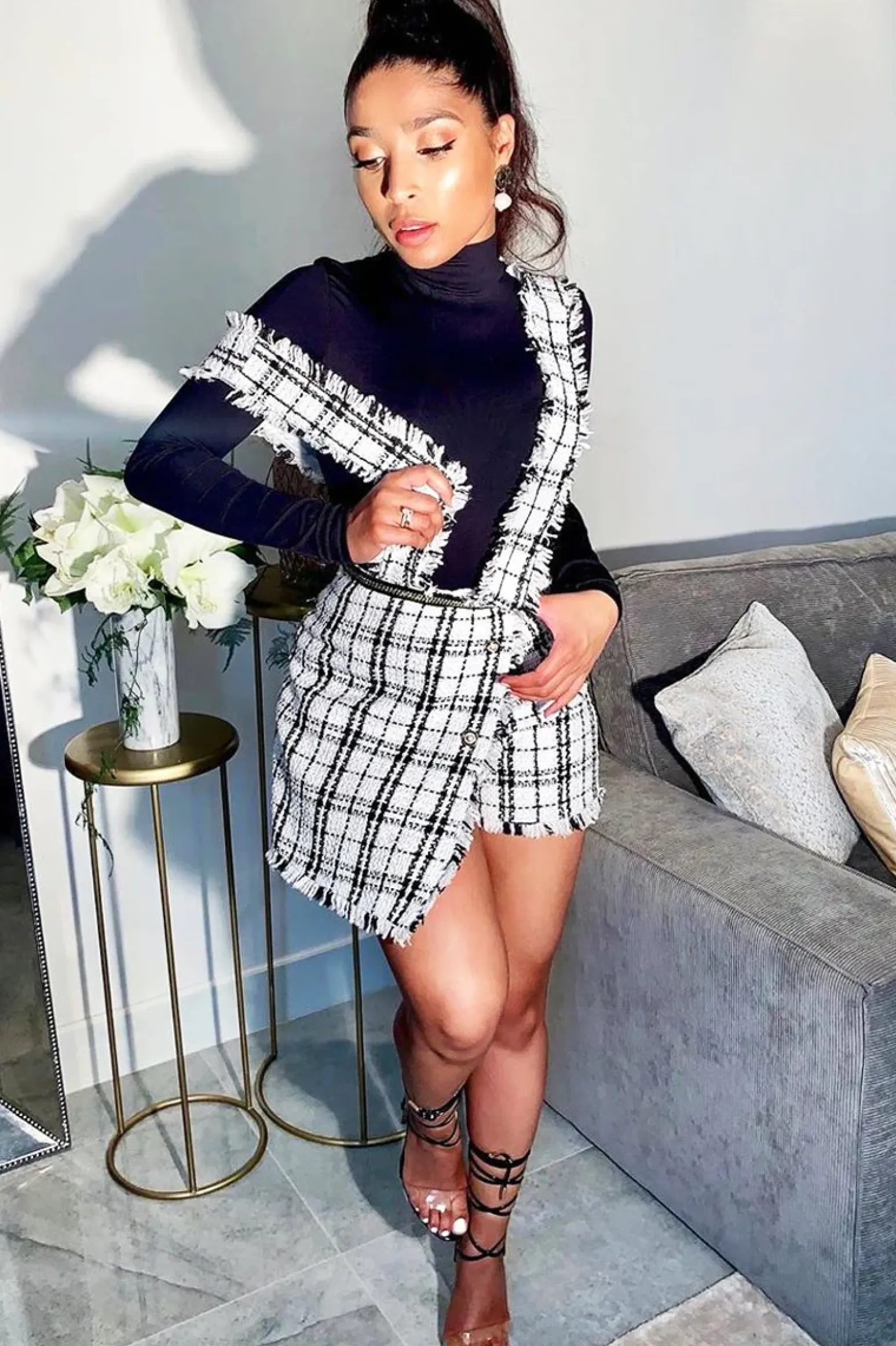 Rebellious Fashion White Black Tweed Pearl Button Playsuit - Jolette