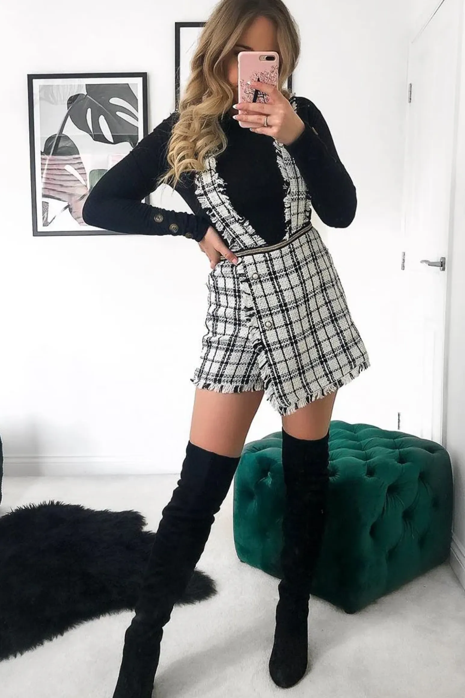 Rebellious Fashion White Black Tweed Pearl Button Playsuit - Jolette