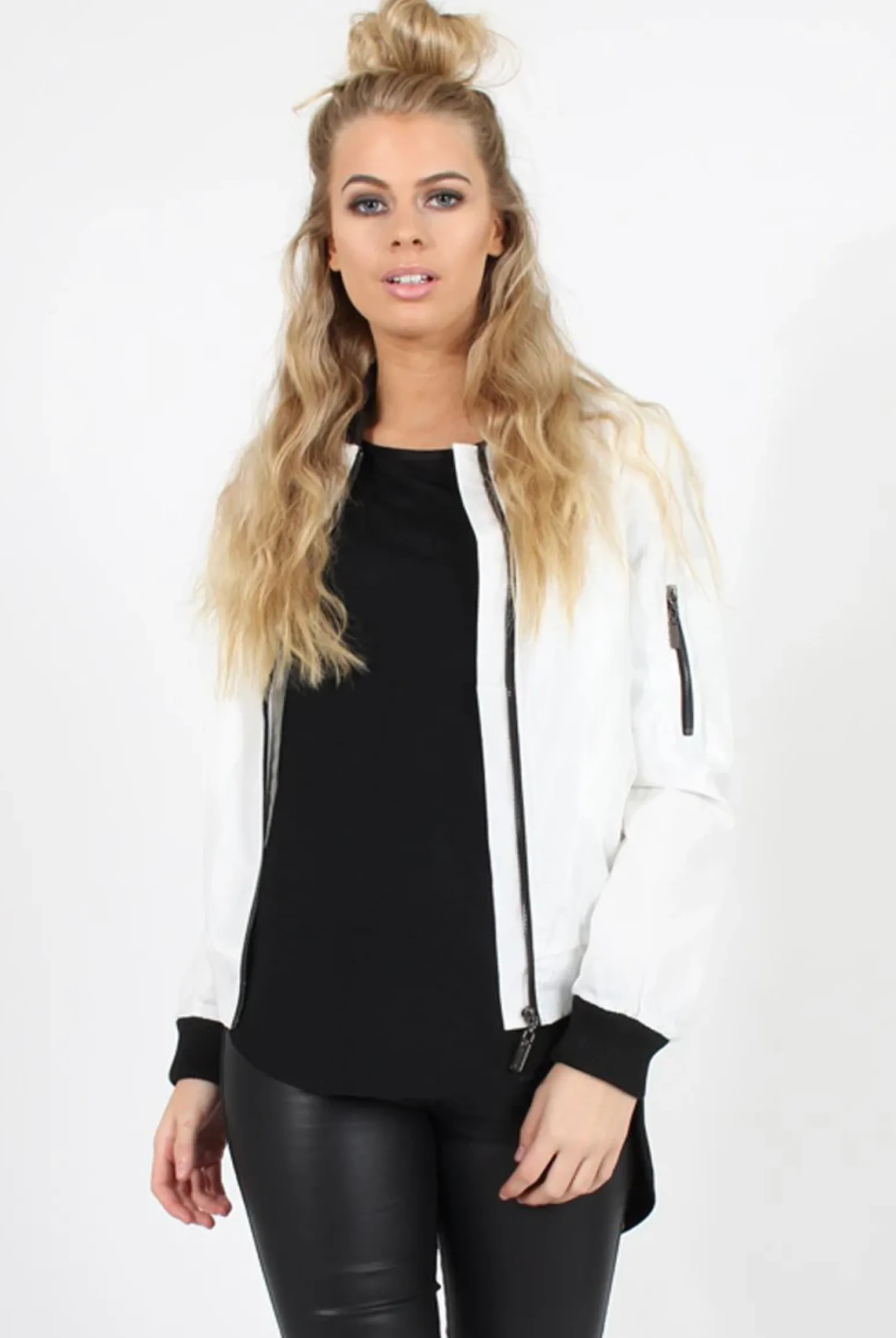 Rebellious Fashion White Black Zip Bomber Jacket - Minah