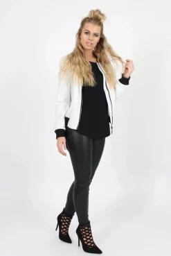 Rebellious Fashion White Black Zip Bomber Jacket - Minah